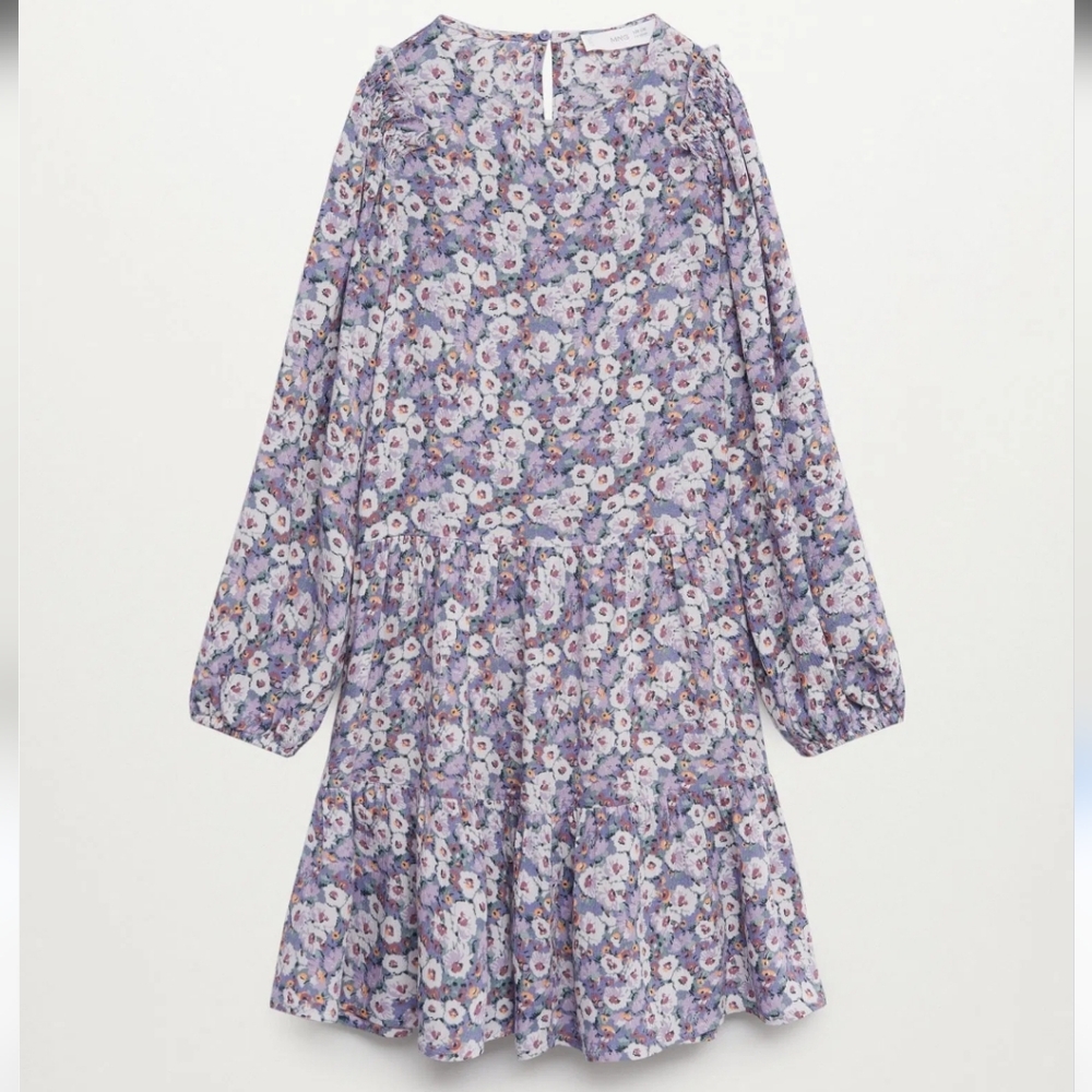 MNG Mango Girls Floral Dress Lavender Flared Puff Sleeves Cottagecore Size 11-12